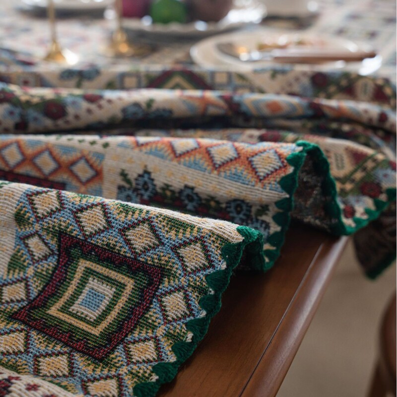 Yimanqiyun ジャカードテーブルクロスフレンチレトロチェック柄ステッチ刺繍コントラストカラースクエア幾何学テーブルクロス長方形|undefined