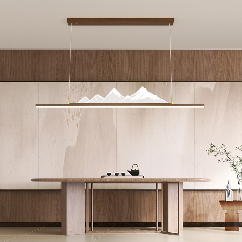 New Chinese-style restaurant pendant lamp, long wood grain, Chinese style, Zen-inspired minimalist bar counter, study room, landscape tea room, tea table, lighting