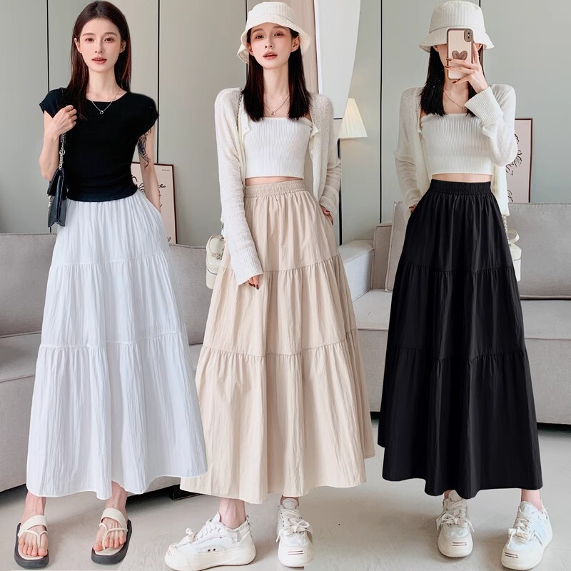 Women's High-Waisted Tiered Skirt, Spring 2026 New Style, Mid-Length, Loose Fit, Hip-Covering, Petite, Large Flare Umbrella Skirt