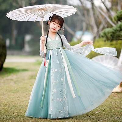 girls Chinese wind green hanfu fairy dresses ancientry girl princess dress skirt outfit Ru Han Tang Dynasty empress princess photos shooting cosplay dress for kids
