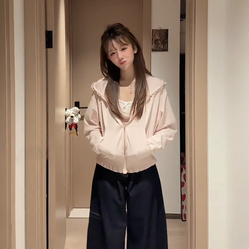 大码胖mm韩系甜美粉色边连帽卫衣女2025秋季新款宽松显瘦百搭外套|undefined