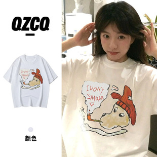 Cartoon Short-Sleeved T-Shirt for Women, New Summer Style, Loose Round Neck, Slimming, Printed, Niche Pure Cotton Half-Sleeve Top, Ins Style