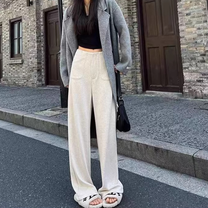 가을과 겨울 좁은 넓은 다리 바지 높은 허리 기모 여성용 고급 울 세트 바지 캐주얼 스트레이트 바지