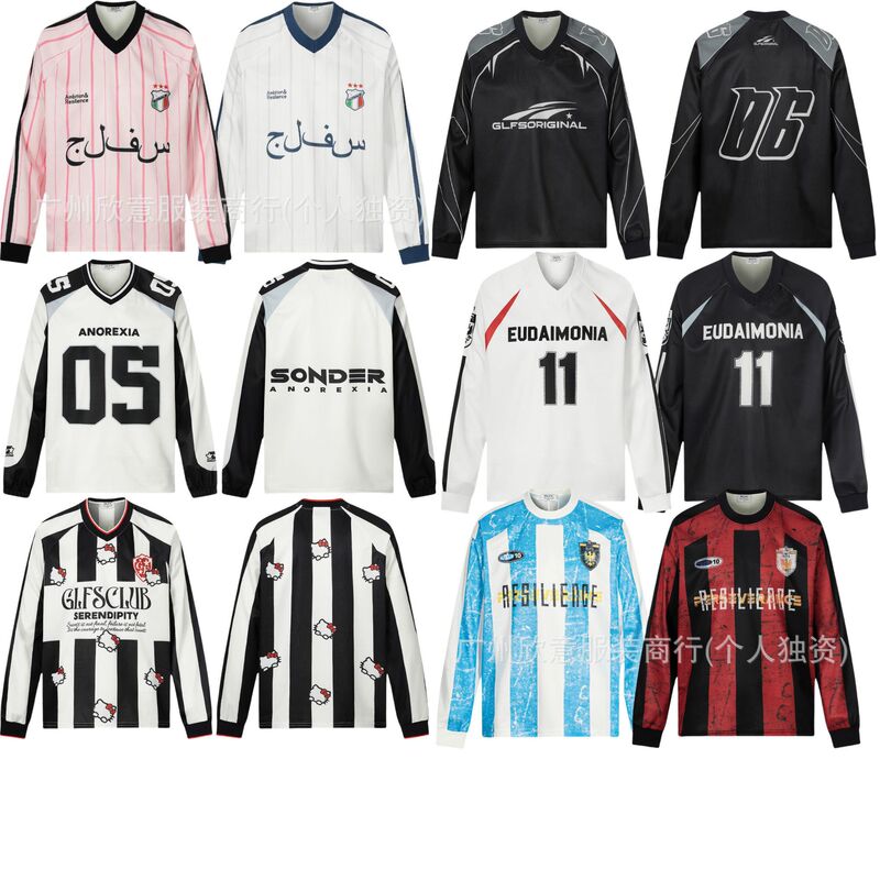 American Street Fashion Wool Contrasting Color Stitching Mesh Alphanumeric Printed Round Neck Long-Sleeved Shirt for Men and Women Loose Fit