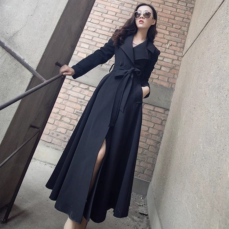 超长款过膝风衣女2025新款气质修身显瘦系带经典黑色春秋外套大码|undefined