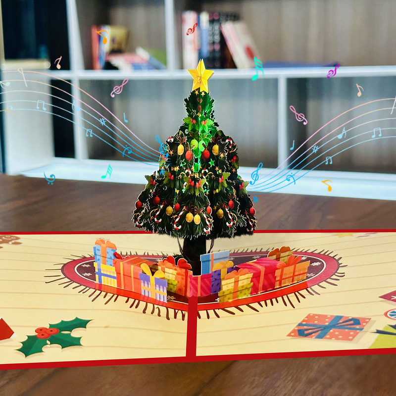 发光音乐圣诞立体贺卡音乐灯光3d圣诞节礼物祝福留言手工纸雕卡片|undefined