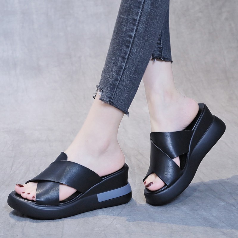 Summer sandals platform wedge heel heels made of soft leather with…