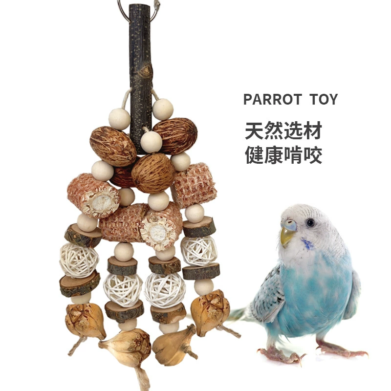 Игрушка-попугай, птица жует мяч из ротанга, горный ананас, яблоко, деревянный орех, кукурузная початок, рвет и разрушает игрушку-тукан