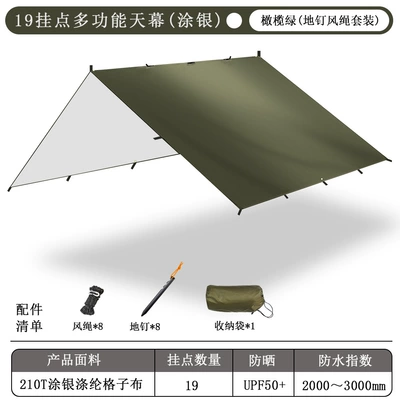 Gear Sunshade and Avtomobil yan çətirləri - silver-coating-19-hanging-olive-green-8-ground-nails-8-wind-ropes-excluding-rods-3x3m