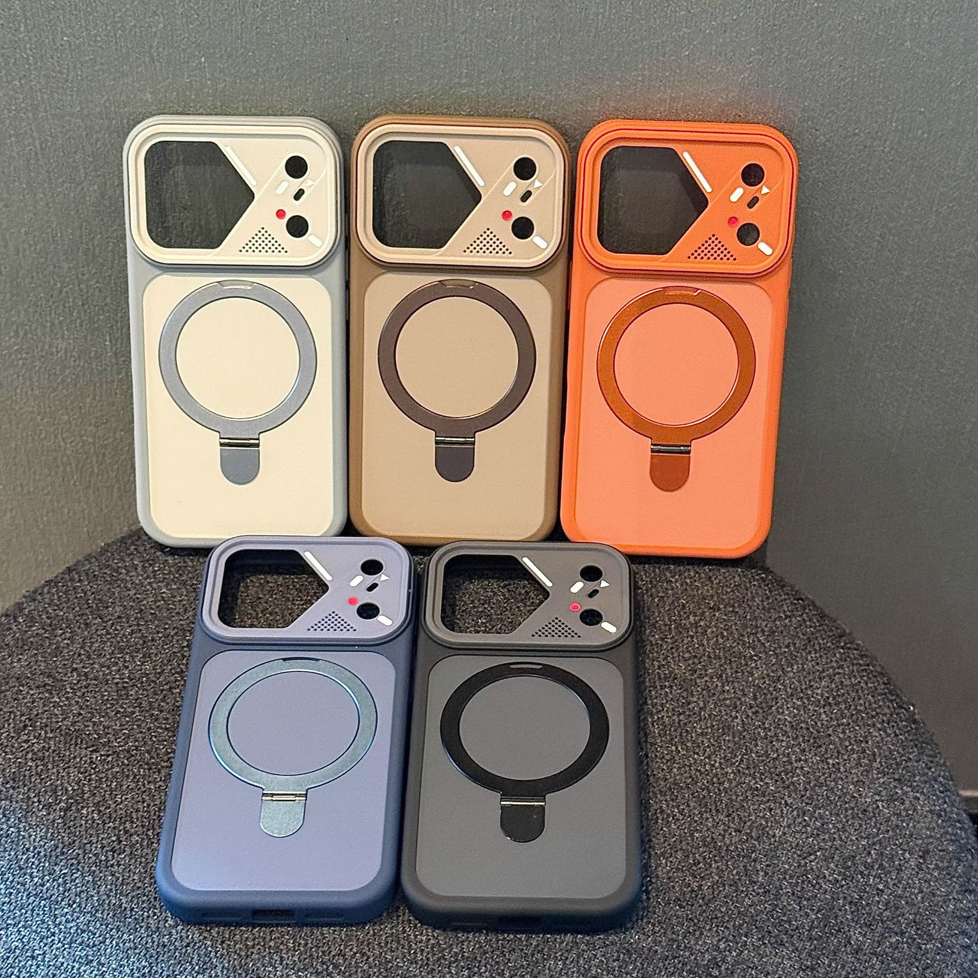 Magnetic Kickstand Matte Phone Case with Mecha Lens Frame for iPhone 17 Pro Max, 17, 16, 15, 14, 13, Shockproof Hard PC Cover