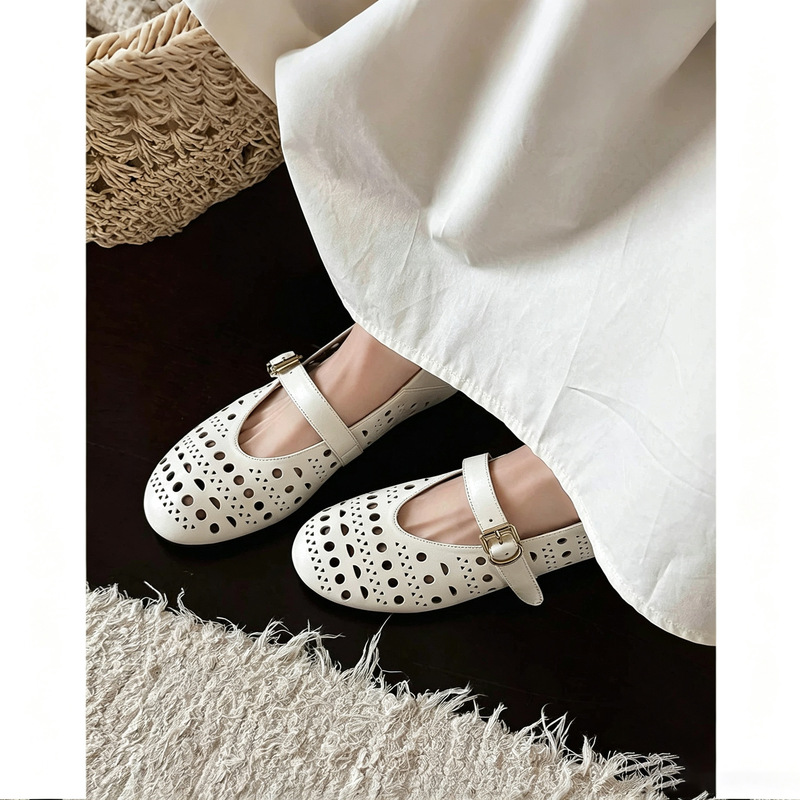 Sheepskin version~French-style perforated Mary Jane shoes for women, 2026 summer new flat ballet shoes, breathable single shoes