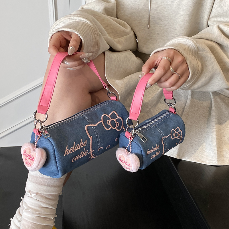 Mini Cylinder Bag Hand Carrying Cute Parent-child Kitty Cat Small Bag Denim Embroidered High-value Crossbody Bag