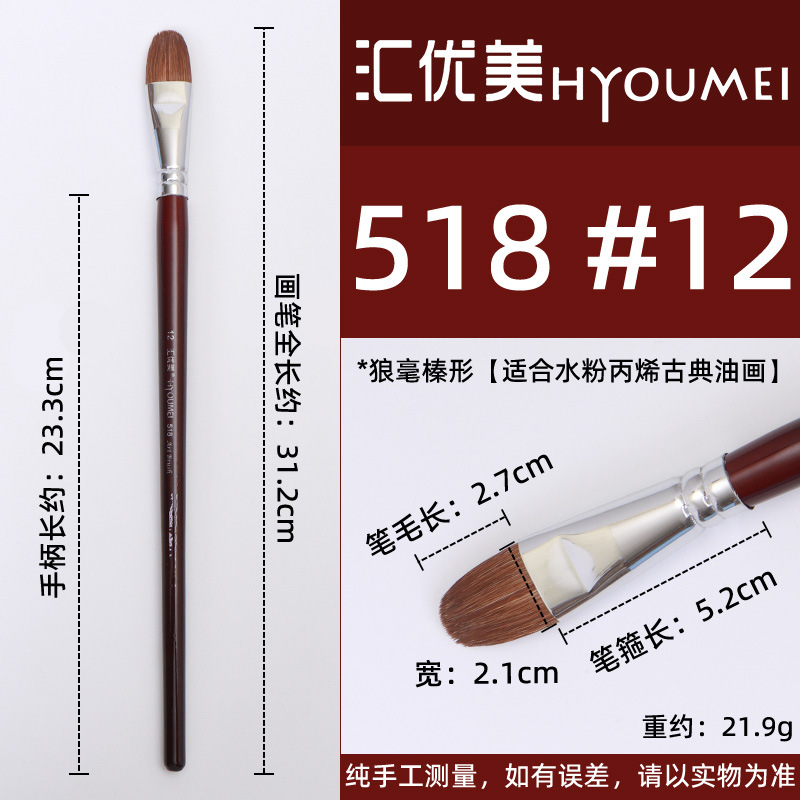 Huiyoumei Pincel Pintura al óleo Acrílico Gouache Pigmento de acuarela Lobo Hao Pincel de lana Tratamiento preferencial Pincel Montmart