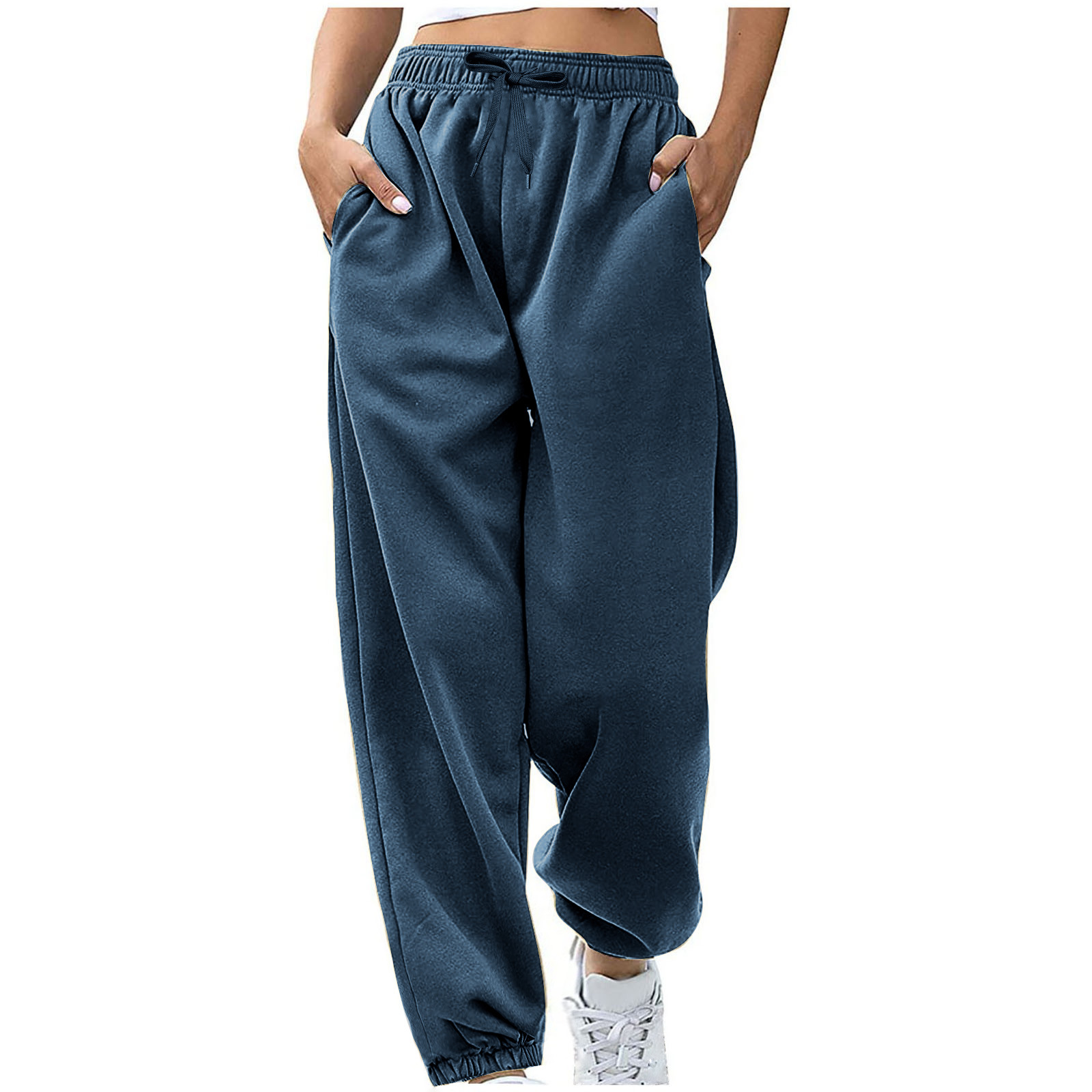 2024 Amazon Cross-border pantalones de mujer europea y americana cintura cuerda bolsillo vellón hogar ocio deportes pantalones sueltos en stock image 14