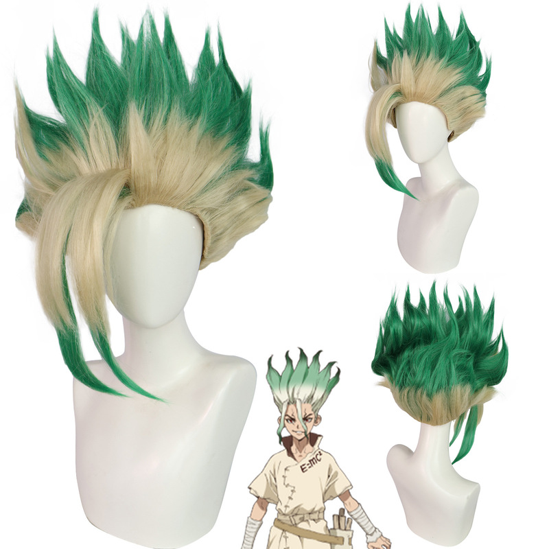 Comic "Dr.STONE" Shi Shen Qian Empty Green Gradient Russo Short Hair cos Wig