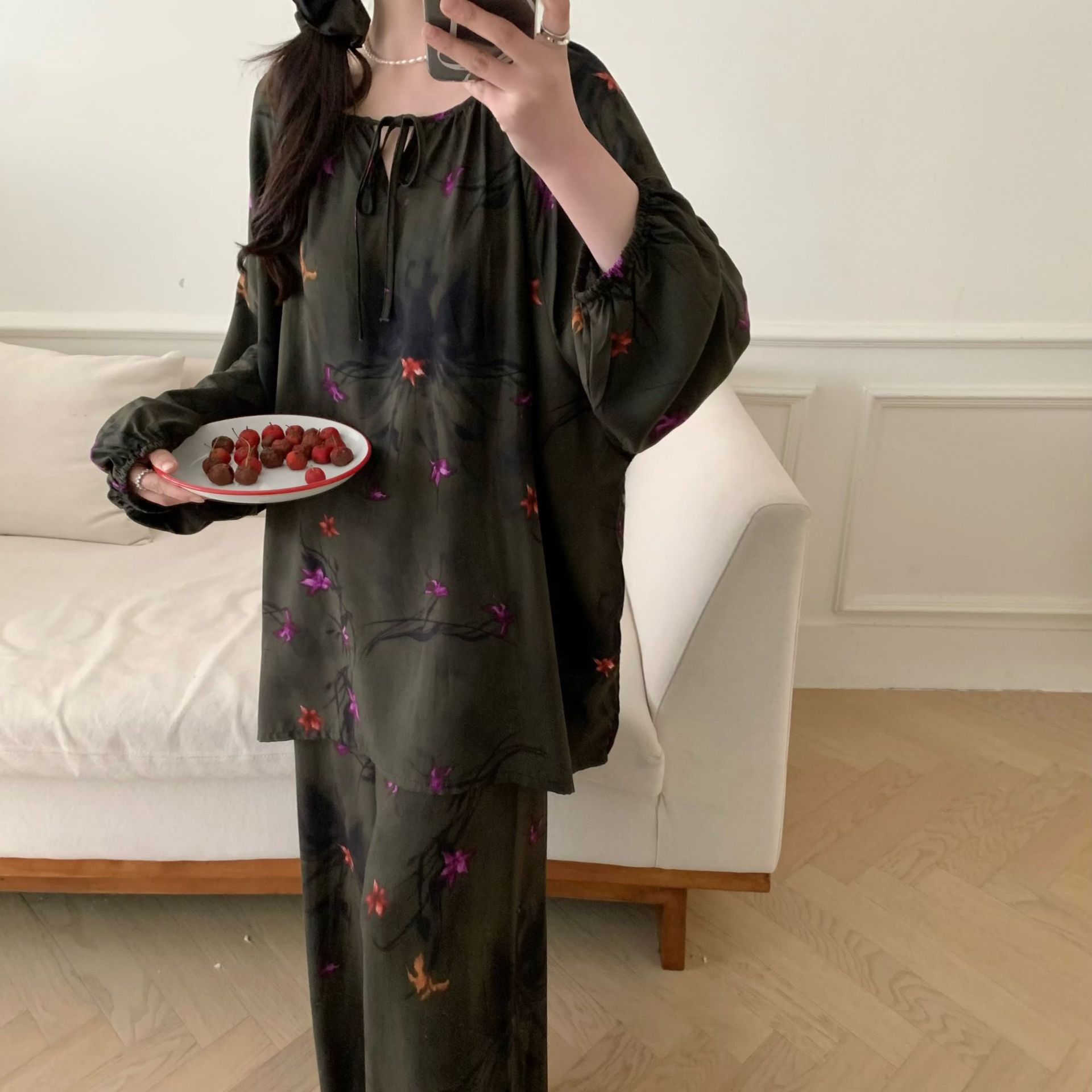 [Traje de casa de bolsillo] Pijamas de seda de algodón de primavera y verano, mangas de linterna de estilo nacional femenino, pantalones de manga larga de algodón, servicio a domicilio