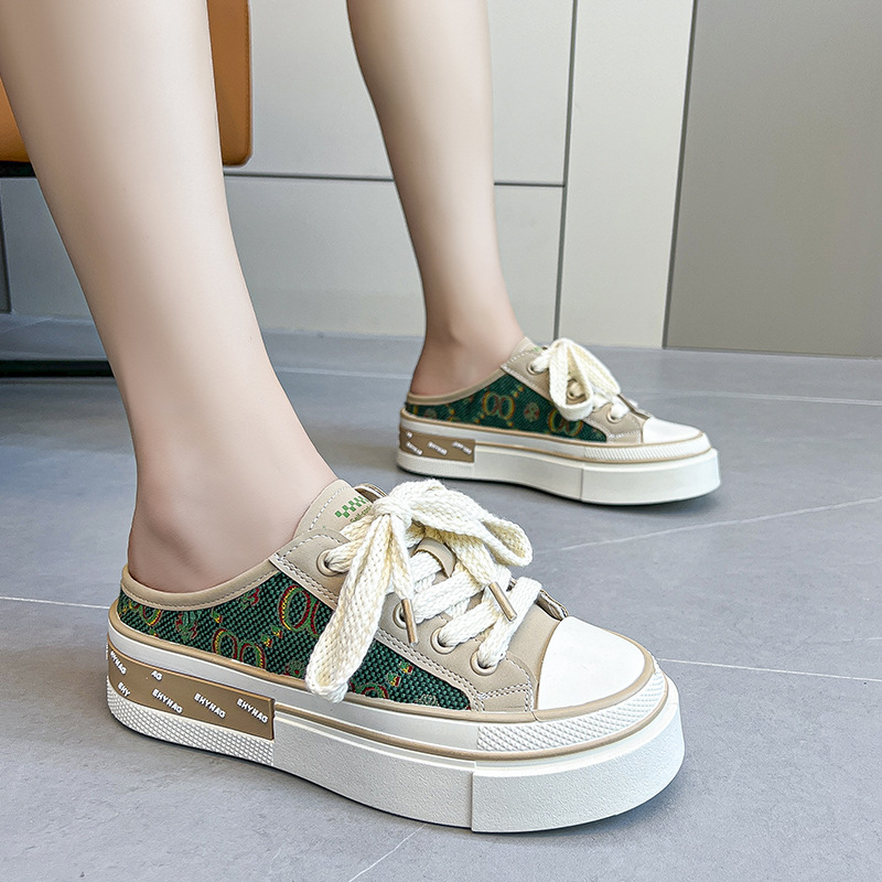 Scarpe di tela traspiranti Primavera ed estate La nuova versione coreana delle mezze pantofole Baotou da donna con fondo spesso casual sono pigre_voghion.com
