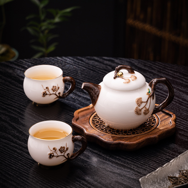 Ice Jade Porcelain Side-Handle Teapot, Plum Blossom Teapot, Contentment Teapot, One Pot Two Cups Ceramic Tea Set, Li Huiyi Tea Brewing Pot