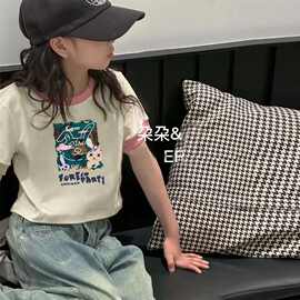 女童短袖t恤短款夏新款儿童卡通撞色上衣女孩中大童洋气印花体恤
