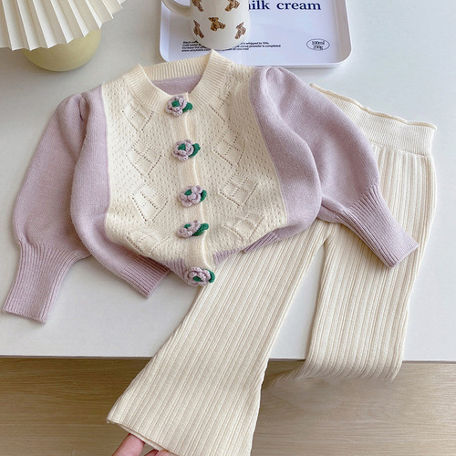 Lini 24 Spring New Korean Style Baby Small Flower Round Neck Knit Cardigan Children Fashion Girl Top Trendy