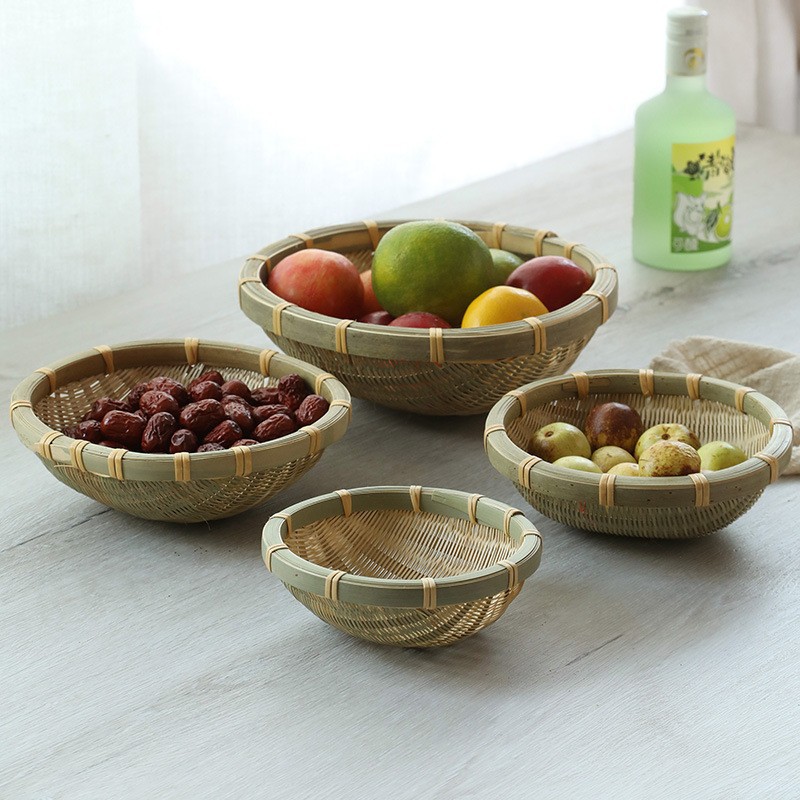 New household bamboo baskets for snacks and fruits, handmade bamboo woven round baskets for steamed buns, and handmade bamboo baskets.