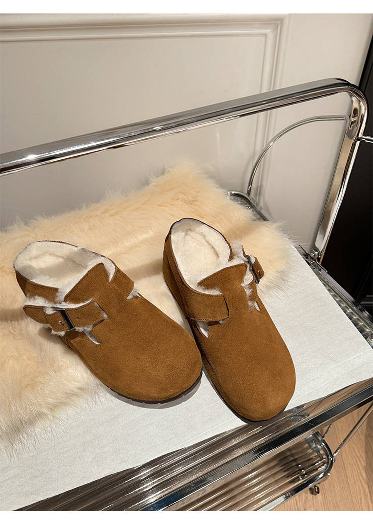 Dép lông Birkenstock da thật nữ đế dày, mũi kín lông cừu, có khóa thắt lưng, tăng chiều cao bên trong — cà phê nâu chi tiết 12