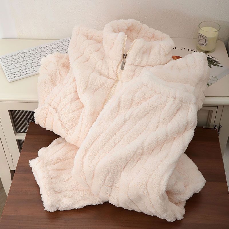 Pijamas de invierno con cremallera al por mayor transfronterizos de 300g de peluche de coral grueso de color sólido conjunto de ropa para el hogar