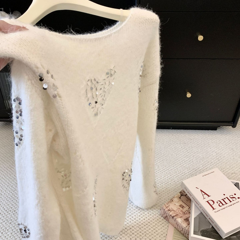 2026 Autumn/Winter New Design Heart Sequin Hollow Knit Sweater for Women, Relaxed Fit Loose Sweater Top