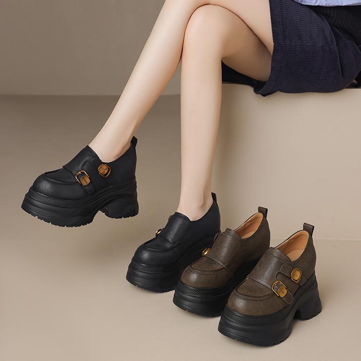 Giày loafer nữ đế xuồng cao 12 cm, miệng sâu cổ điển, khóa thắt lưng — Màu đen, Màu đen kaki