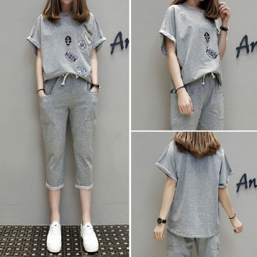 European and American  summer loose and fashionable short-sleeved suit women's cropped pants casual age-reducing fashionable two-piece set wholesale