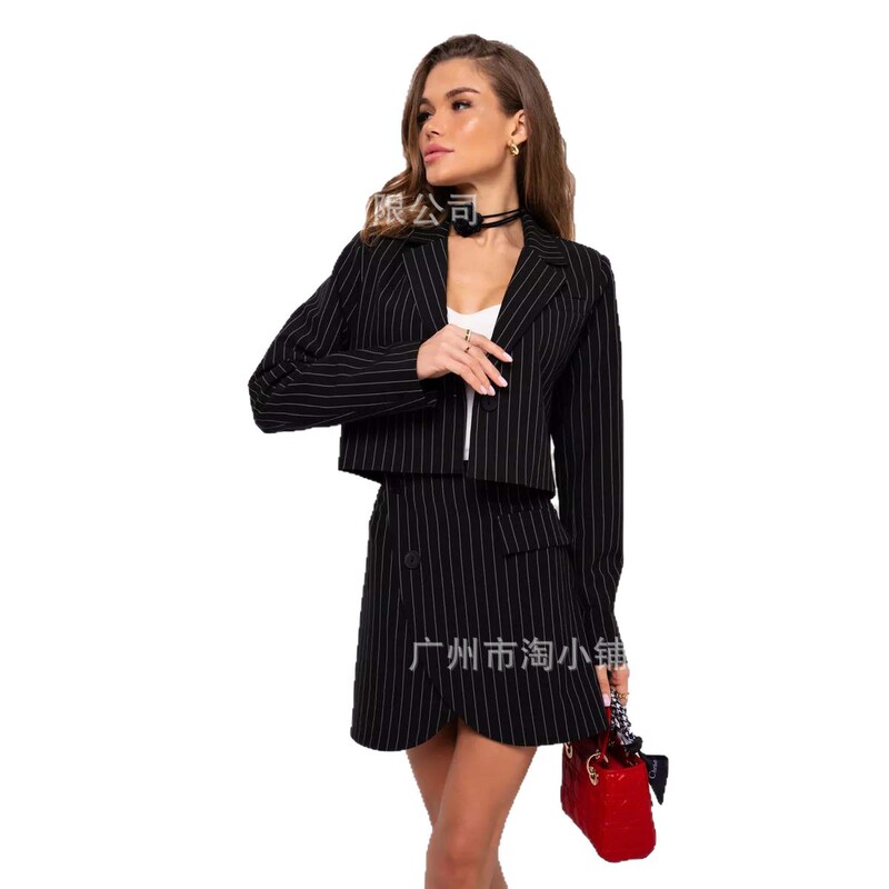 Spring and Summer Korean Style Striped Suit for Women, Slim-Fitting Short Suit, Small Jacket, Slit Hip-Covering Skirt, Two-Piece Set