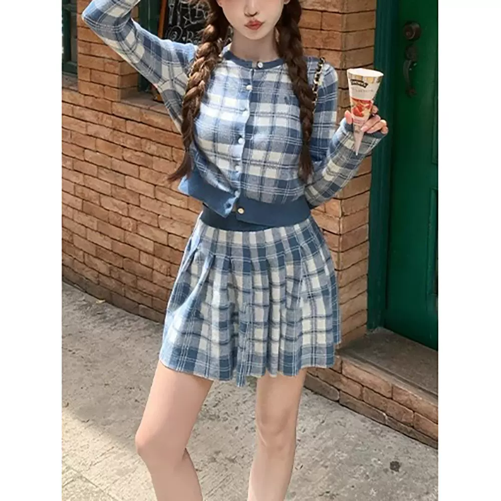 小拉夫夫学院风格纹撞色刺绣小标针织开衫高腰半身短裙子两件套装