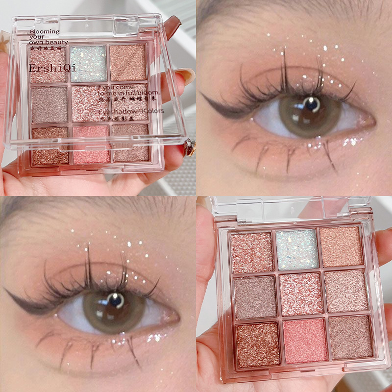Ins Nine-Color Eyeshadow Palette in Nude Milk Tea Color, Matte, Fine Shimmer, Pearlescent, Crushed Diamond Highlighter, Blush, Affordable Makeup for Students