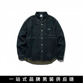 悟俗男装2025秋季新品美式复古简约字母刺绣宽松休闲百搭牛仔衬衫