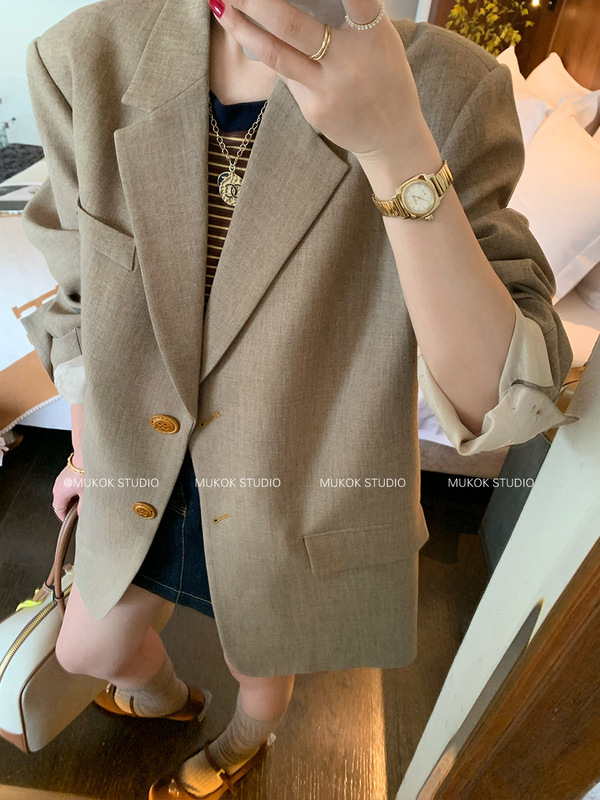 MUKOK 柏林春叶~感廓形西装外套女春季新款复古宽松休闲西服|undefined