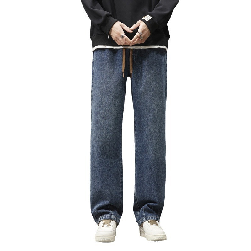 Otoño e invierno nuevos pantalones vaqueros retro de los hombres de la cintura elástica de encaje Pantalones rectos sueltos de los hombres de la calle versátil pantalones de pierna ancha
