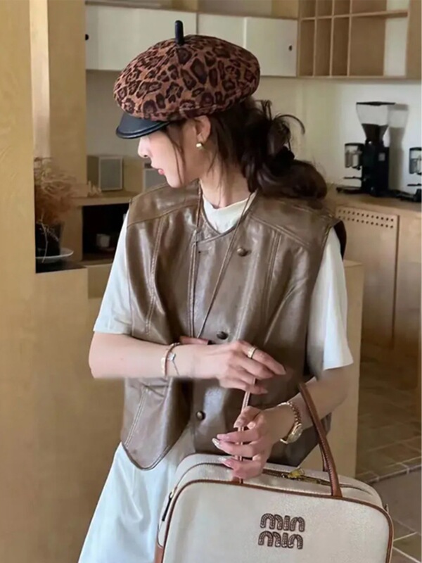 复古PU皮马甲女外穿秋季新款安可拉红无袖坎肩皮马夹外套女A6422|undefined