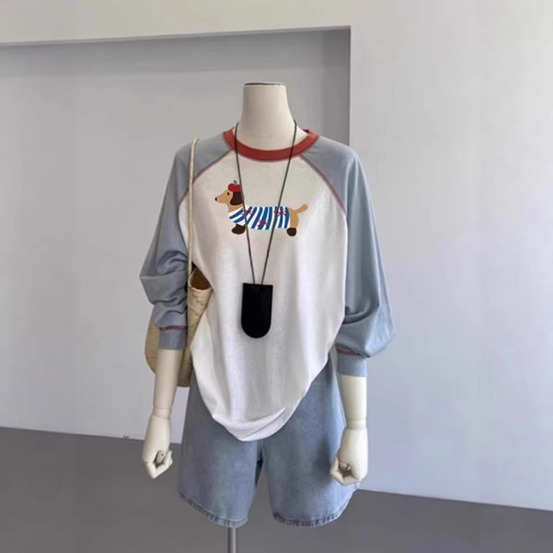Cross-Border Plus Size 120kg Color-Blocked Snowflake Cotton Long-Sleeve T-Shirt for Women with Cute Dachshund Print, Loose Fit
