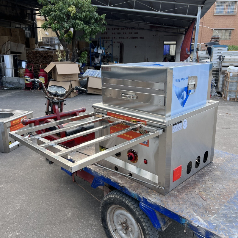 Longjingding modelo de coche de tres ruedas máquina de salchichas de gas vapor comercial multifuncional horno de salchichas de vapor de desayuno cabina completa