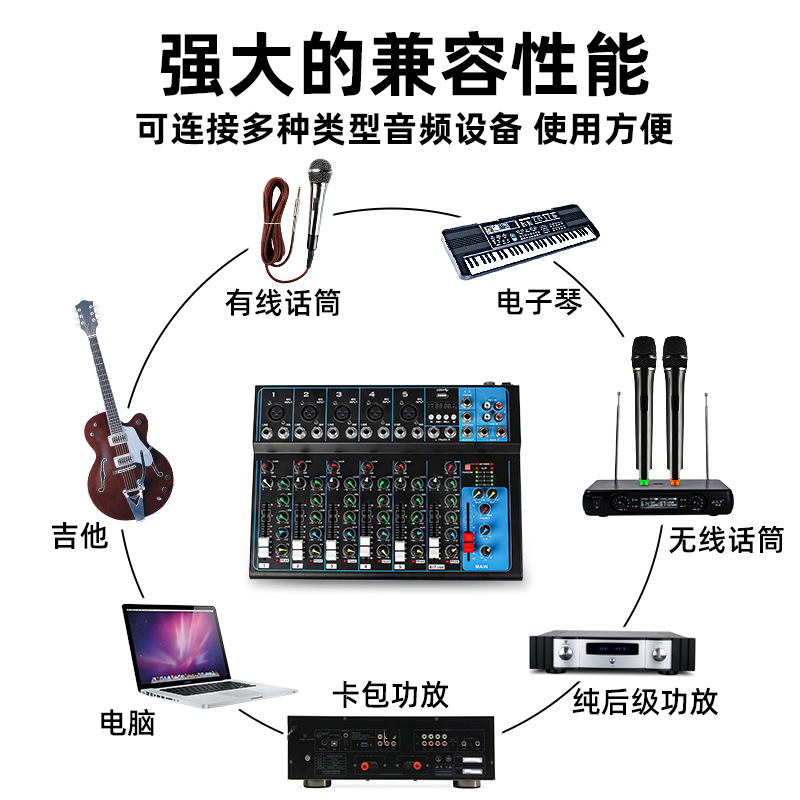 專業(yè)7路調(diào)音臺(tái)舞臺(tái)演出會(huì)議音響帶藍(lán)牙usb混音器數(shù)字電腦直播設(shè)備