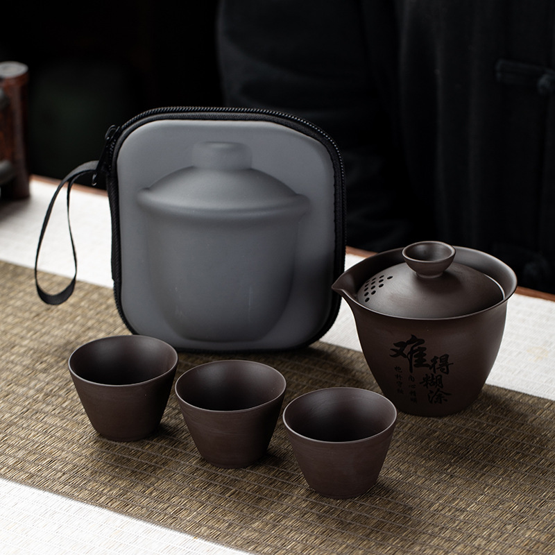purple clay purple sand teapot business travel tea set quick cup portable storage bag outdoor bubble car one pot fills three cups