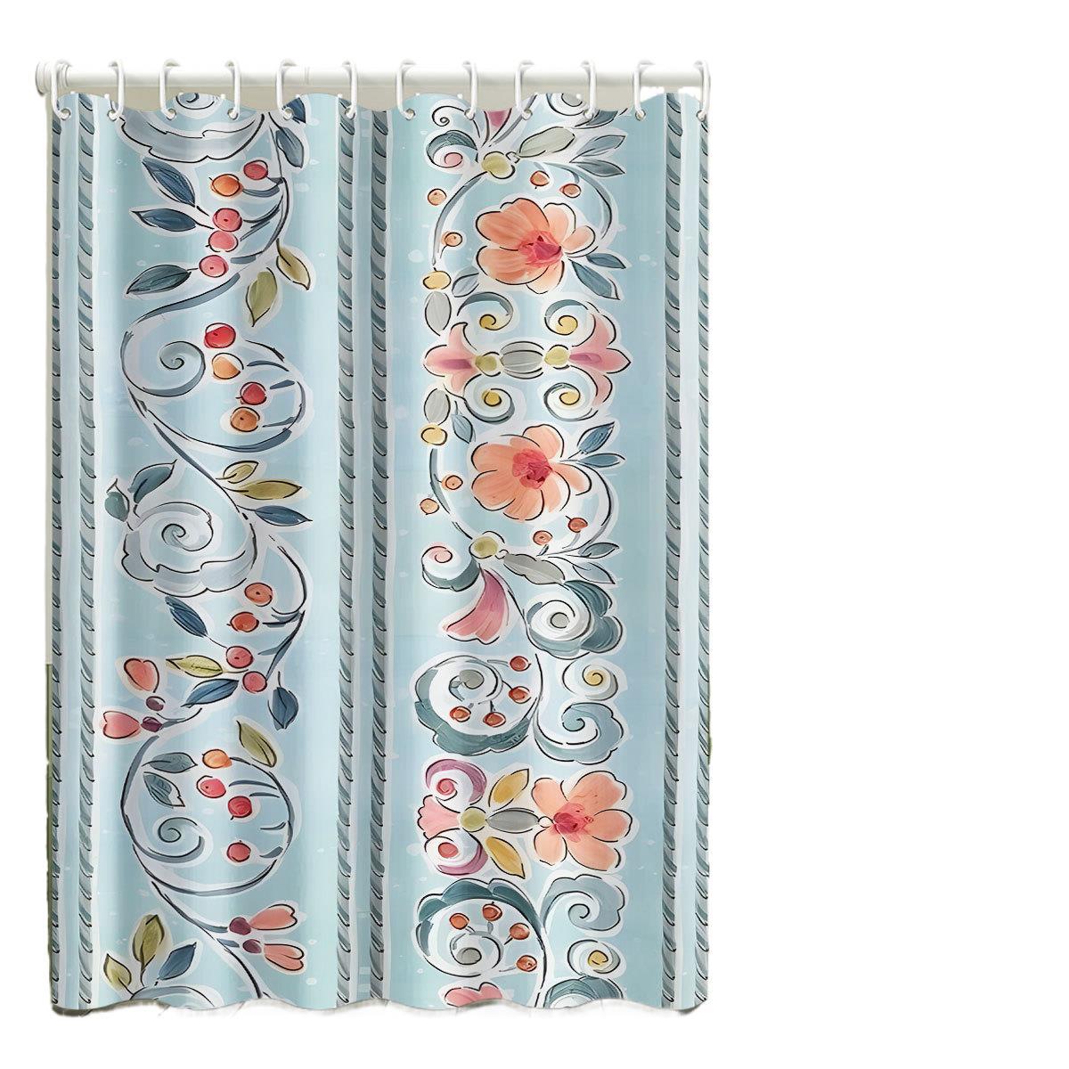 Duschvorhang im französischen Stil, bohrfrei und einfach zu montieren, wasserdicht und feuchtigkeitsbeständig, Trennvorhang für Gästehäuser, Blumenmuster_voghion.com