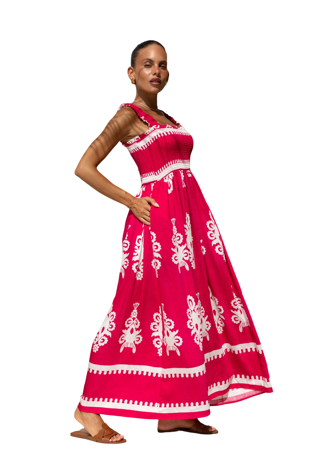 364g Weight Maxi Long Dress Dress Length Type Sleeveless Sleeve Length Strap Dress Dresses Type Polyester Fabric Type High Waist Waist Line Holiday Occasion Strap Neckline Loose Fit Type Printing Pattern 2025 Spring and Summer Season Women's Gender Elegant, Vacation Style Wholesale Women's Elegant Vacation Printing Holiday Strap Sleeveless Strap Dress 4