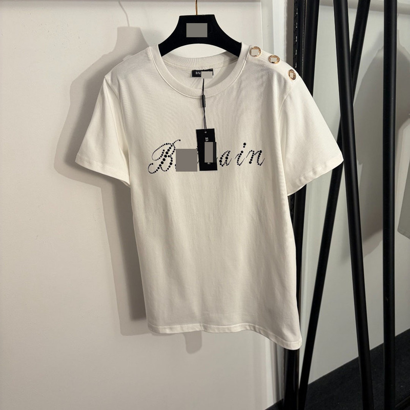 Shenzhen Nanyou High-End Foreign Trade Style Slim Fit Women's T-Shirt with Beaded Lettering and Shoulder Button Decoration, Pure Cotton Short Sleeve T-Shirt