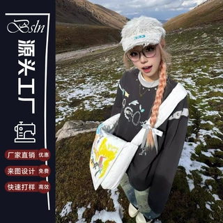 复古卫衣女秋冬新款珠宝印花解构重磅长袖套头宽松设计感上衣定制
