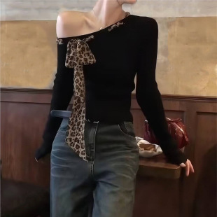 American-style Retro Leopard Bow Shoulder Long-sleeved T-shirt Women's Early Autumn Spice Girl's Slim-fit Slimming Inner Base Top