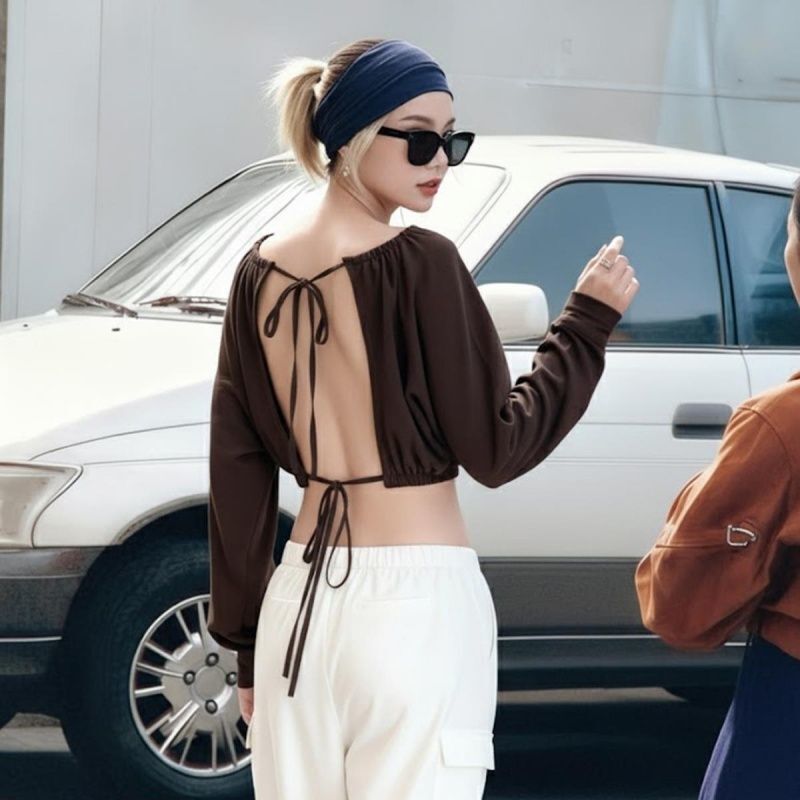 Long-Sleeved T-Shirt for Women, American Retro Style, Batwing Sleeves, Backless Lace-Up Design, Sexy and Stylish, Solid Color Top