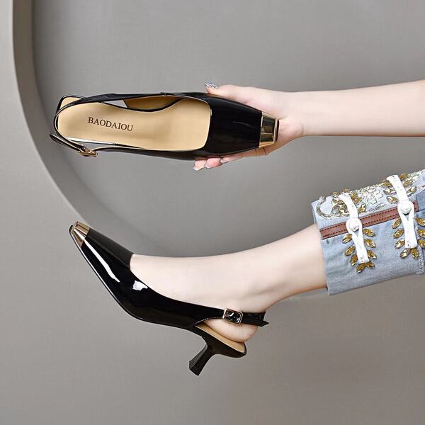 Giày sandal cao gót nữ quai ngang mũi vuông da thật gót nhọn 6 cm — màu đen