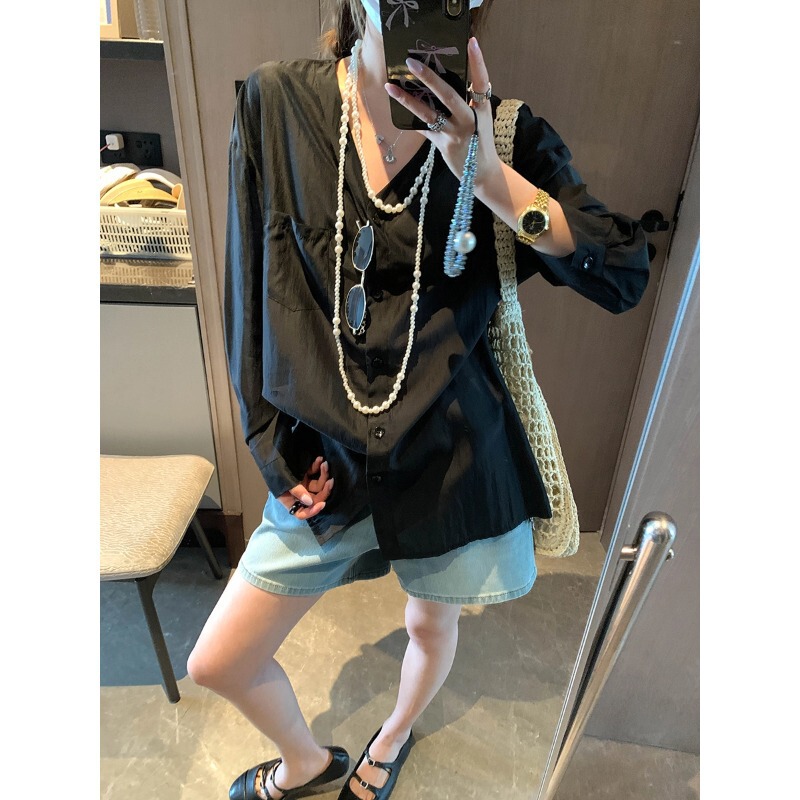 Mochie Korean Style Atmosphere Lace Patchwork V-Neck Back Slit Tie-Up Lightweight Shirt Mq1518