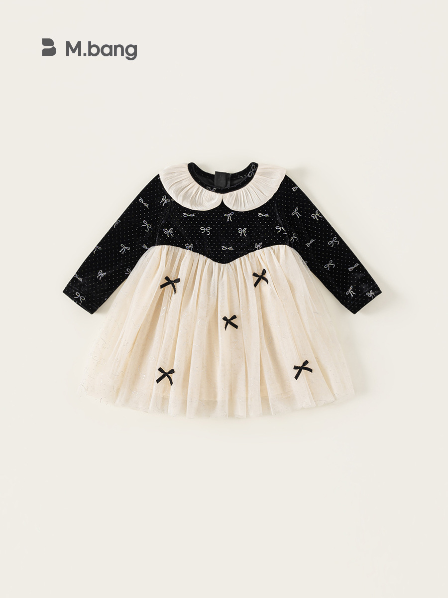 Envío gratis, ropa para niños, vestido de princesa para niñas de primavera y otoño, vestido para niños, vestido de malla con cuello de muñeca, vestido con lazo para niñas